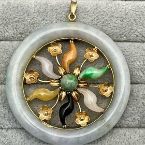 Unique Vintage 14K Gold Multi color jadeite Jade Pendant 3” Round #591